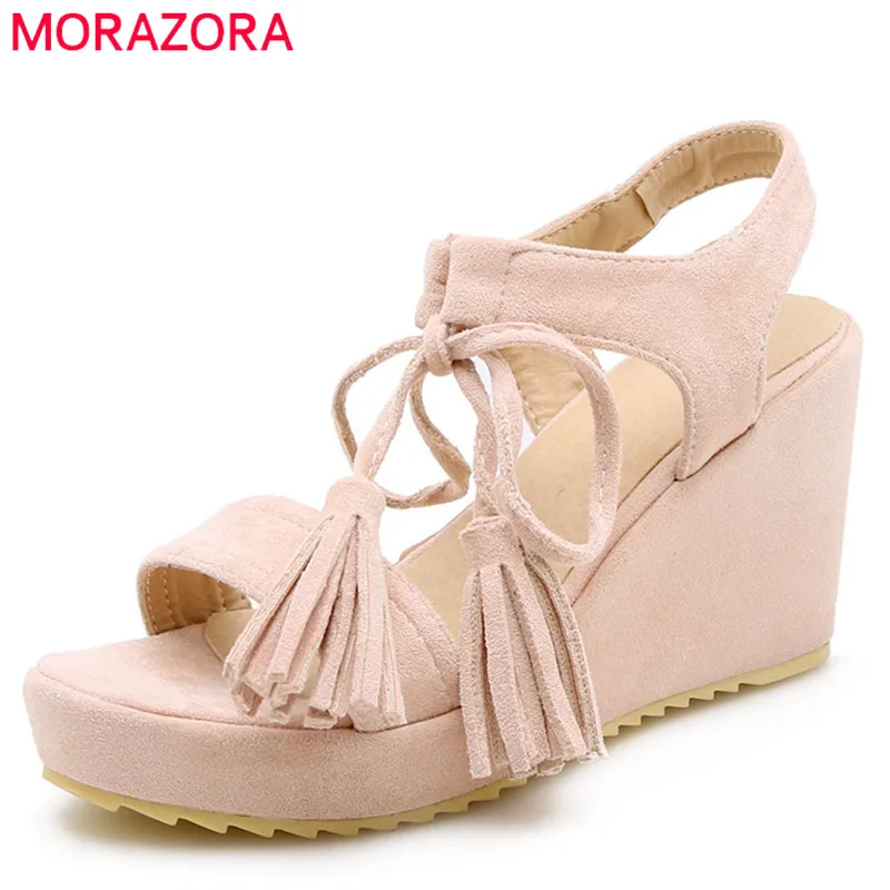 

MORAZORA 2018 new arrival women sandals flock lace up summer shoes simple platform shoes 8.5cm wedges high heels shoes woman