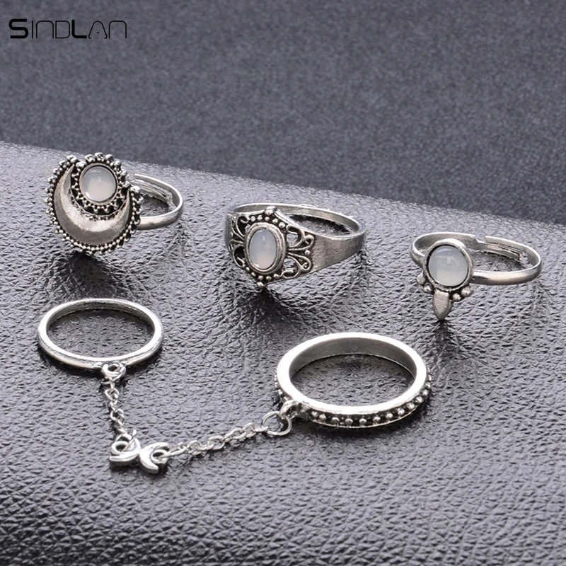 

New fashion boho national style jewelry retro bohemian Siamese chain Mittens 4pcs / set ring sun moon ring for women
