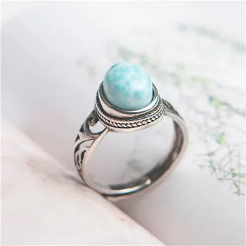 

Genuine Natural Larimar Crystal Round Stone Beads Lady Stering Sliver Ring 8*9mm