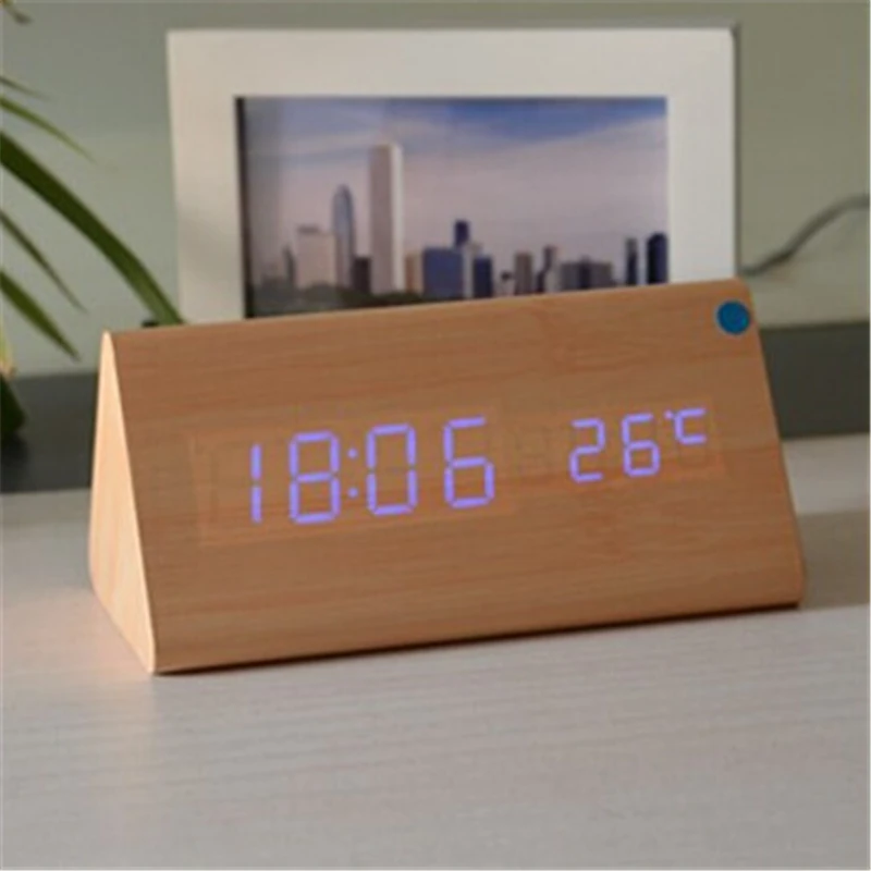 Акустический контроль календарь термометр с сигнализацией деревянные треугольные Часы светодиодный дисплей цифровые часы с секундами xyzTime-6035B-Clock