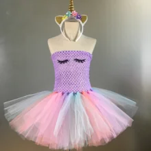 Пастельное платье-пачка с единорогом для девочек детское платье с корсетом для вязания крючком, фатиновое платье с цветочным бантом для волос, детское праздничное косплей костюм мультфильм платье