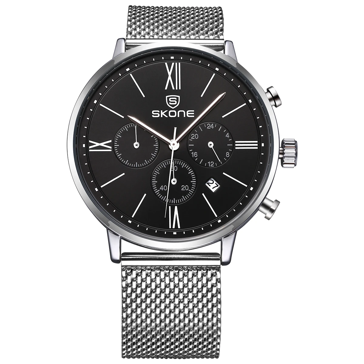 

SKONE Brand Fashion Sport Watches for Men Luxury Silver Steel Mesh Band Wristwatch Shock Resistant Quartz Watches Relogios