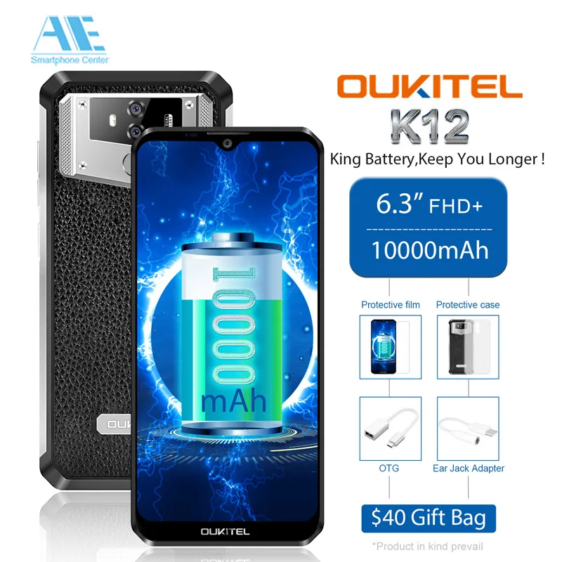 

OUKITEL K12 6.3" 19.5:9 Android 9.0 Mobile Phone MTK6765 6G RAM 64G ROM NFC 10000mAh 5V/6A Quick Charge Fingerprint Smartphone