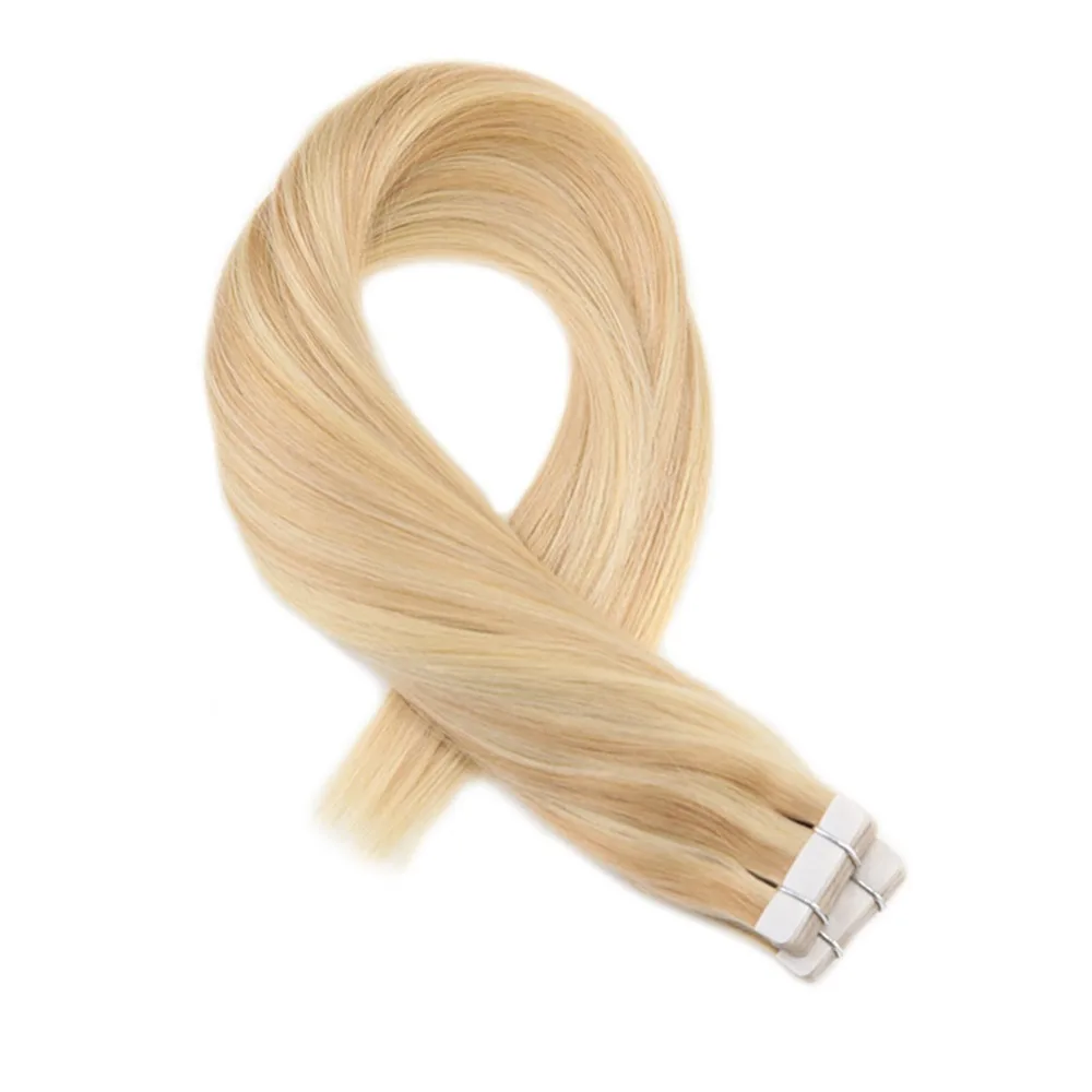 Moresoo Human Hair Extensions Tape in Hair Highlight Color Brazilian Machine Remy Hair Extensions #16 Highlight with Blonde