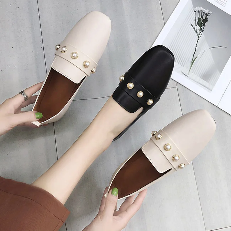 Slip Dames On Mocassins noir Beige H7040 Appartements Femme Toe Mujer Bateau 2019 Zapatos Perle Femmes Noir Square Confortable Printemps Chaussures Xx67w7Iqf