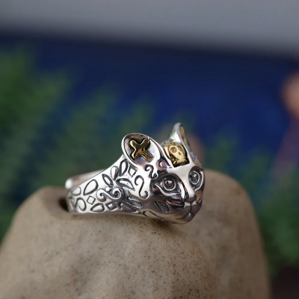 

S925 sterling silver retro Thai silver copper combined craft ring simple three-dimensional kitten head silver ring wholesale