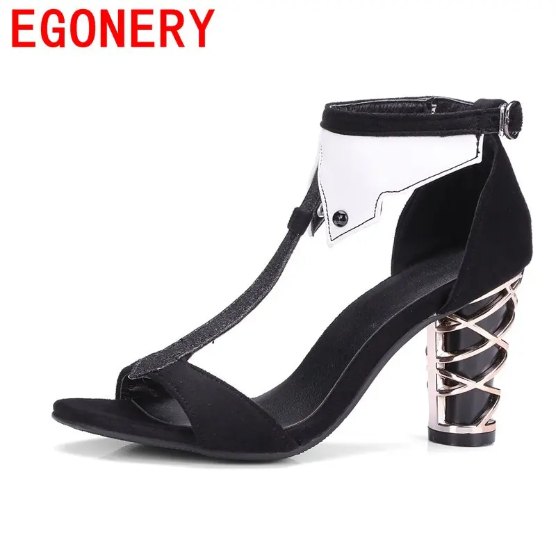 

EGONERY novelty newest unique fashion sandals summer shoes all-match style female round toe high heels 8 cm cover heels sandals