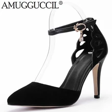2017 New Arrival Cow Suede Plus Big Size 33-42 Black Red Buckle Sexy High Heel Spring Summer Female Lady Shoes Women Pumps D1004