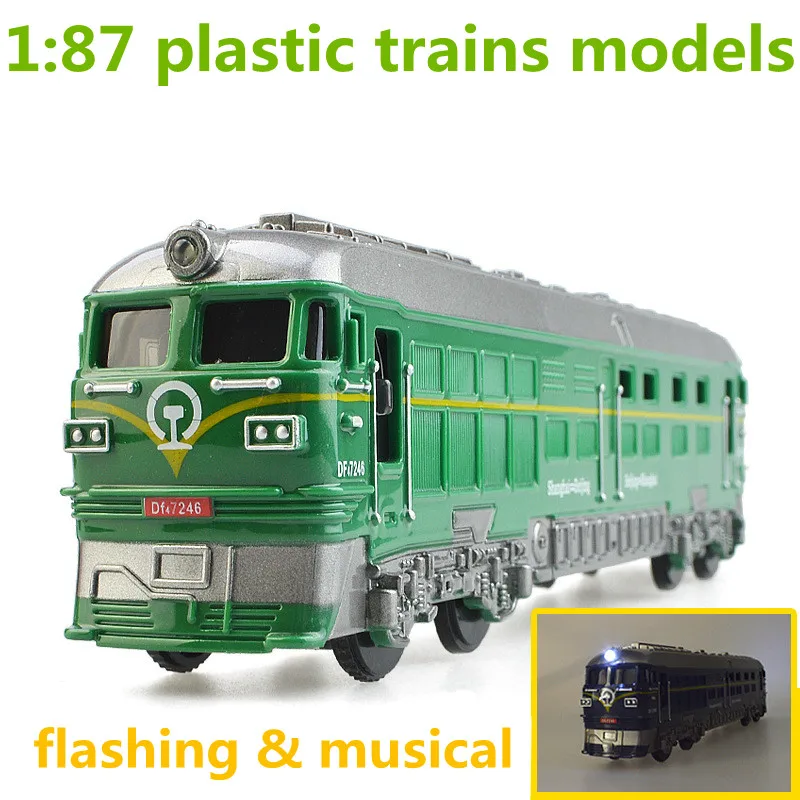 1: 87 пластик модели поездов, высокая моделирования зеленый бумага поезд, инерционная coasting, игрушечных автомобилей, мигающий и музыкальный