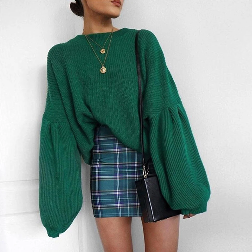 Womens Sweater Baggy Computer Knitted Sweater Long Lantern Sleeve O