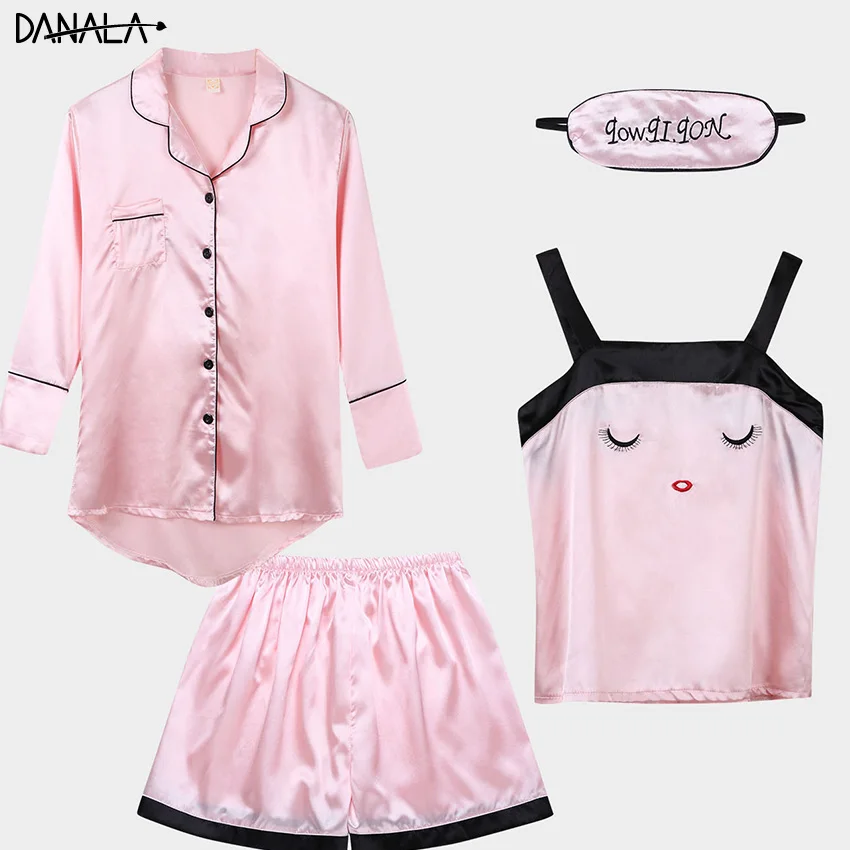 

DANALA 4 Piece Satin Women Pajamas Sets Summer Solid Simple Vogue Short Sleeve Sleepwear Sets Women Home Suits Nightwear