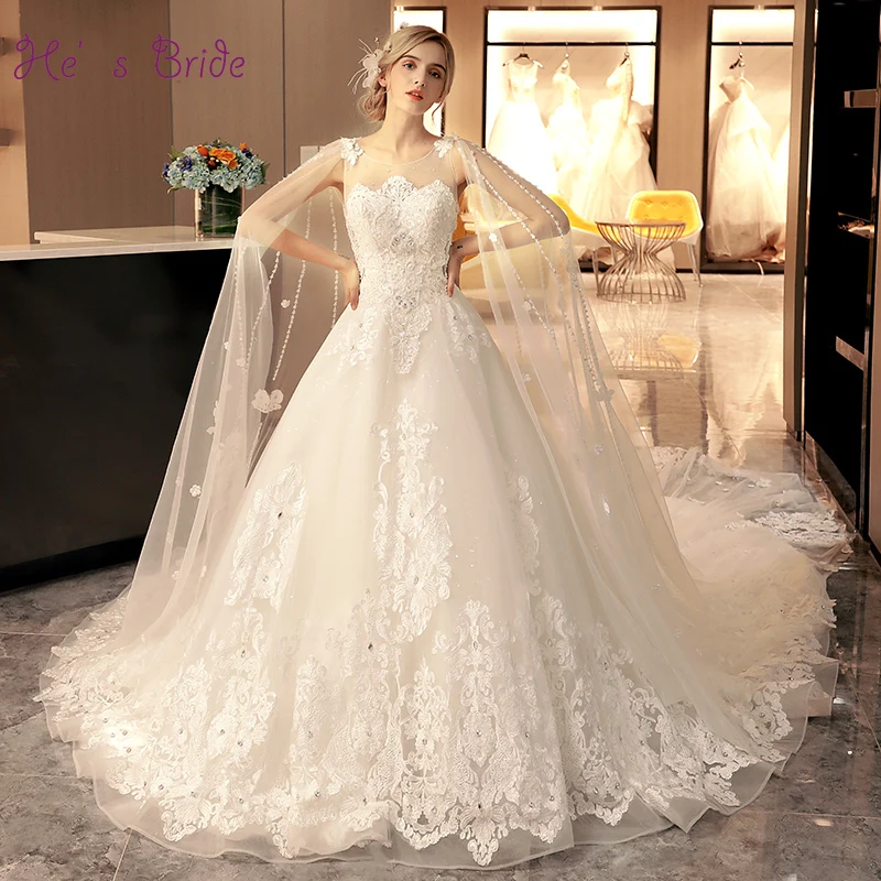 

He's Bride New White Lace Sleeveless Lace Up Side Luxury Cloak Court Train Ball Gown Wedding Dress Vestido De Novia