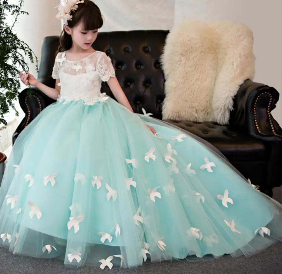 

New Flower Kids Girl Party Dress Girl Trailing Dress Ball Gown Dress With Bow Girls Wedding Princess Dress HW2339