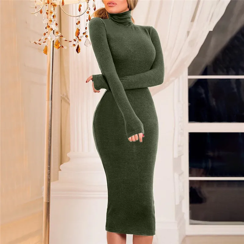 Новые женские с высоким, плотно облегающим шею воротником, приталенное сексуальное облегающее платье Осенняя коллекция с длинным рукавом длиной до середины голени, элегантная джемпер праздничное платье vestidos#40