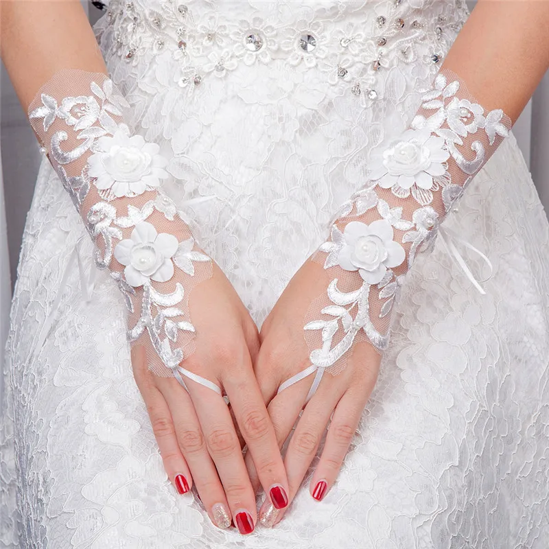 

Mingli Tengda Elegant Bride Gloves Diamond Lace Appliques Bridal Gloves Beautiful Fingerless Wedding Gloves Accessoires mariage