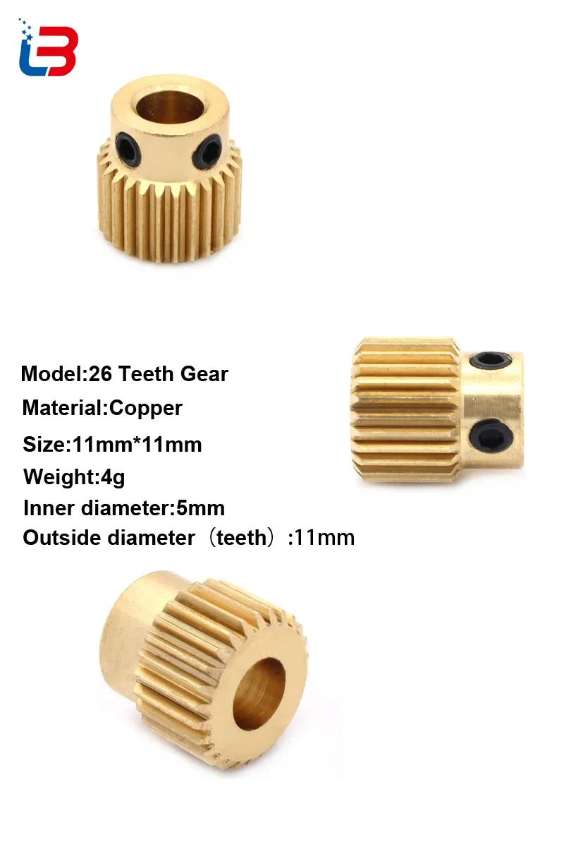 Tronxy 3D Printer Part Copper Extruder Gear Feed Filament Drive 26T