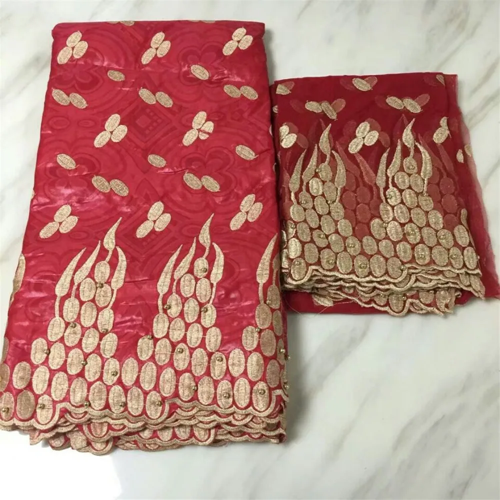 

Red Color High Quality 2018 Latest Lace Fabrics African Embroidered Bazin Riche Getzner With Pearls For Party Dresses X333-1