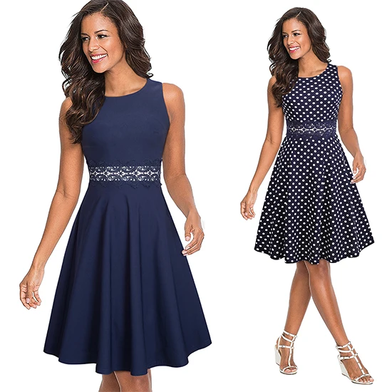 Women Vintage Sleeveless Swing A-line Party Dress Elegant Fit and Flare Tunic Lady Sundress Vestidos EA079