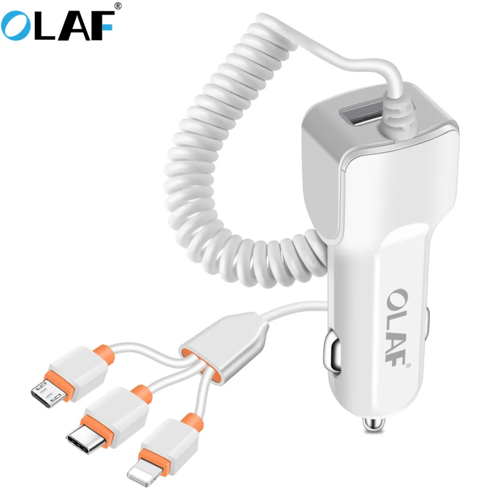 أولاف شاحن سيارة USB شاحن سيارة مع 3 في 1 كابل يو اس بي ل iphone الإضاءة المصغّر usb نوع C شاحن سريع للهاتف المحمول محول