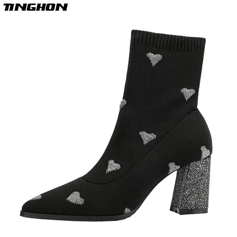 

TINGHON Autumn Winter shoes Sequins thick heel high boots Women Embroidery Heart heels slip on Pointed Toe Knitted Sock Boots