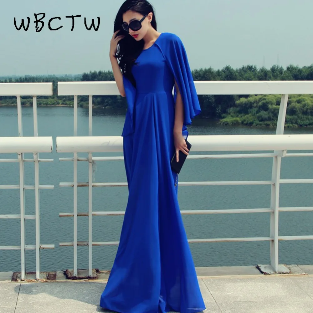 

WBCTW Robe Femme Long Elegant Cloak Sleeve High Waist Women Party Dress 2018 Solid Blue Slim Autumn Plus Size Chiffon Dress