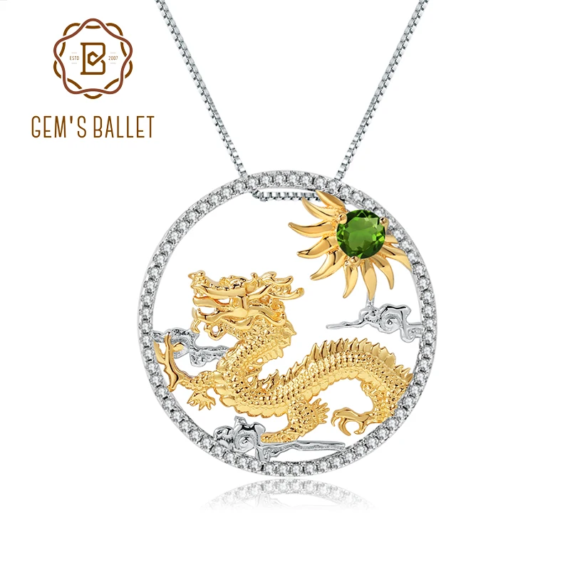 

GEM'S BALLET Natural Chrome Diopside Chinese Zodiac Jewelry 925 Sterling Silver Handmade Flying Dragon Pendant Necklace ForWomen