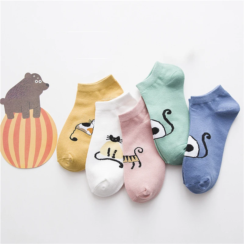 5 пара/лот, милые хлопковые носки-башмачки с рисунком кота, женские весенне-Летние повседневные Чулочные изделия, тонкие короткие носки с забавными животными, Тапочки