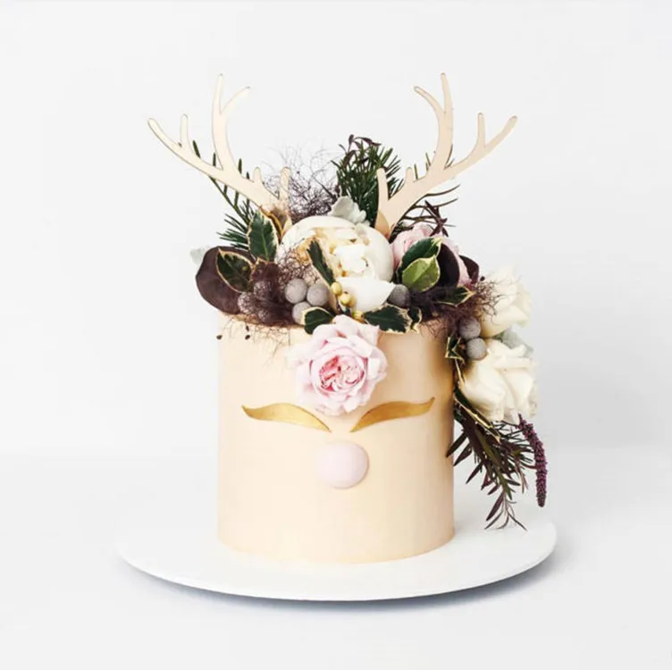 

2019 New Acrylic Elk Antler Cake Topper Dessert antler Decoration for Wedding Birthday Party Gifts Christmas Decorations