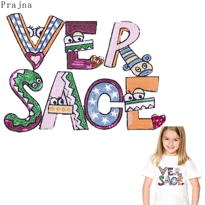 

Prajna DIY Sequin Letter Patch Kids Cartoon Fruit Animals Patch Applique Embroidered Patches For Clothes Stripes Sew On Badges