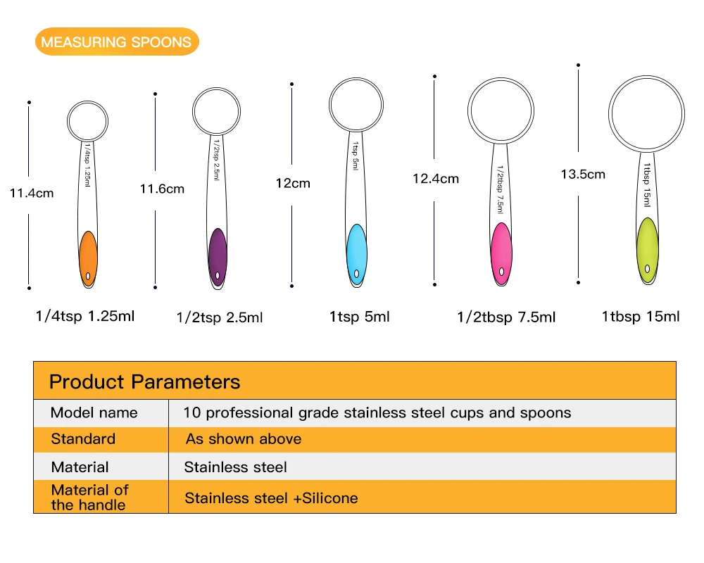 10x Measuring Cups and Spoons Set Stainless Steel Baking Teaspoon ...