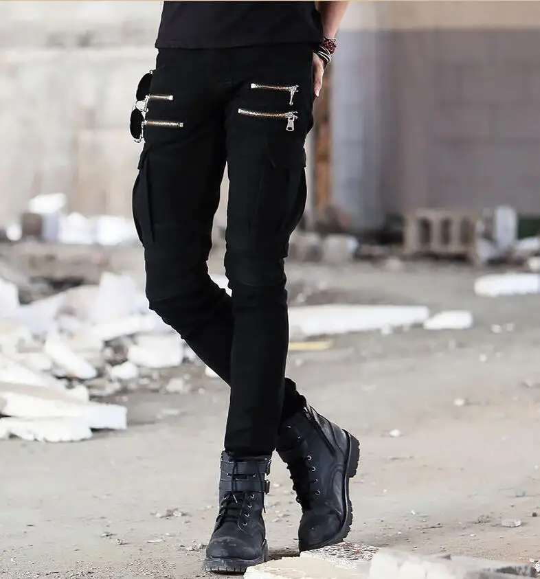 Wholesale Mens Fashion Runway Black Army Green Cargo black zipper Biker