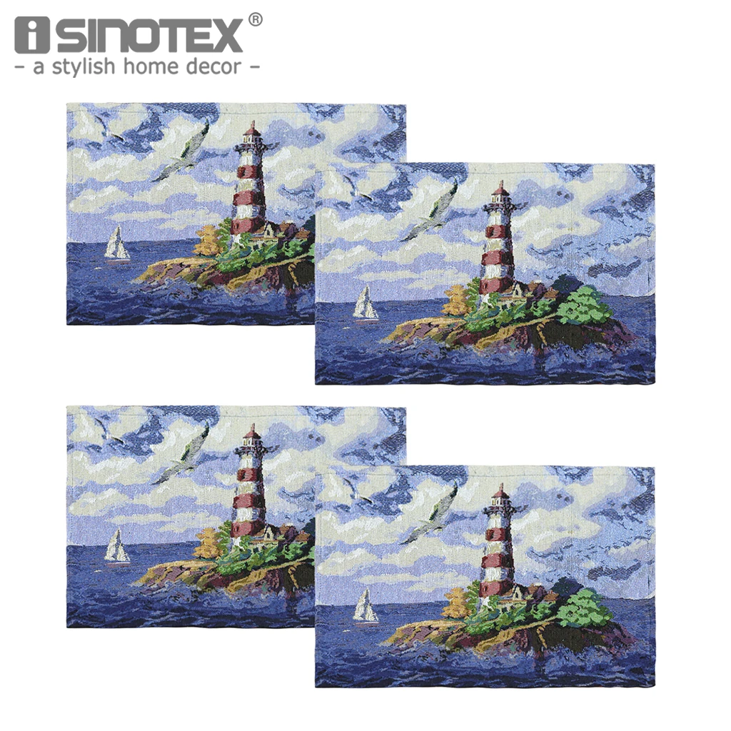 4PCS Table Mats Lighthouse Printed Navy Blue Color 33x46cm Cotton Coasters Pads Coffee Cup
