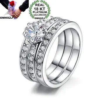 

OMHXZJ Wholesale European Fashion Woman Man Party Wedding Gift Luxury White AAA Zircon 18KT White Gold Ring Set RR710