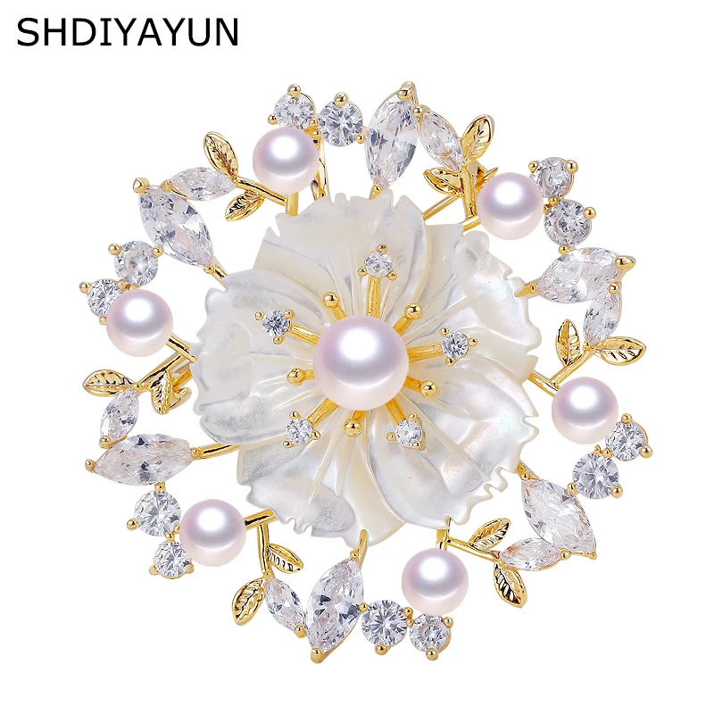 

SHDIYAYUN 2019 Pearl Brooch For Women Zircon Shell Flower Brooches Pins Natural Freshwater Pearl Fine Jewelry Natural Seashell