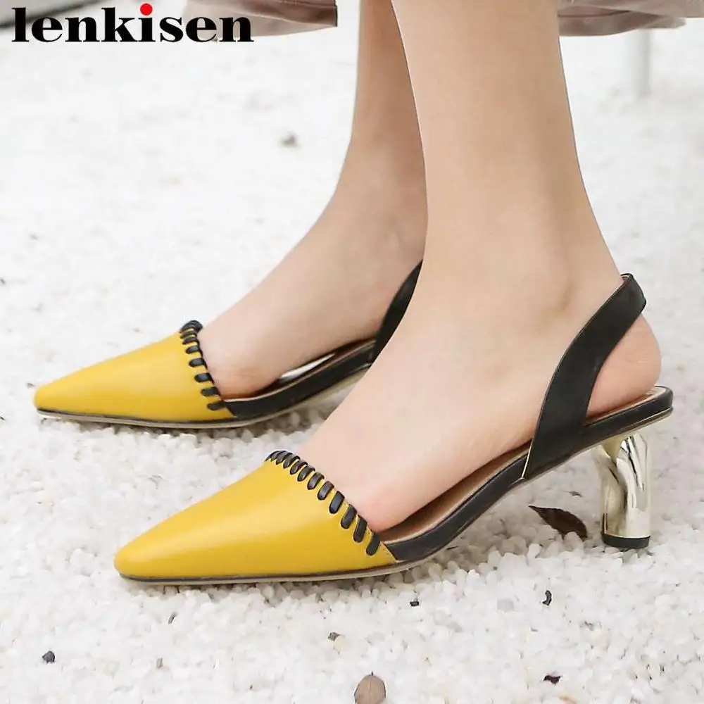 

Lenkisen concise style metal med heels slip on women sandals full grain leather slingback square toe wedding party shoes L42