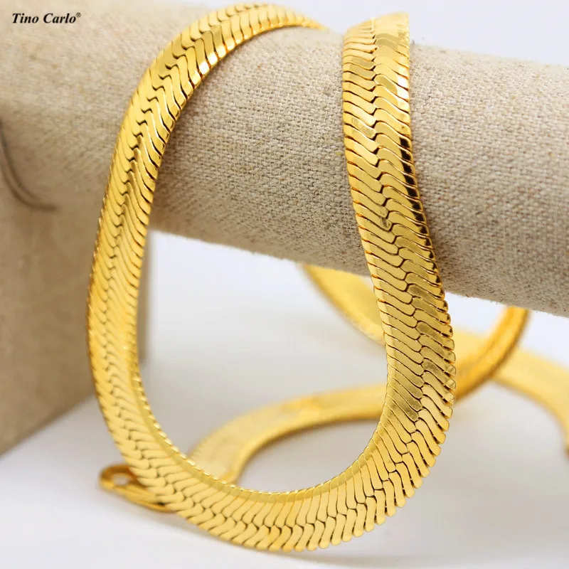 Hot Selling 10mm 75CM Flat Herringbone Chains Mens Hip Hop Golden Snake