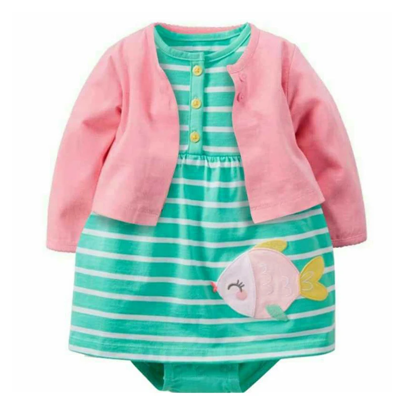 2018 NewBorn Baby bebes Girls 2pcs Sets Full Sleeve O-Neck dress with green fish Suits 100% Cotton Baby Clothing kids girl Sets