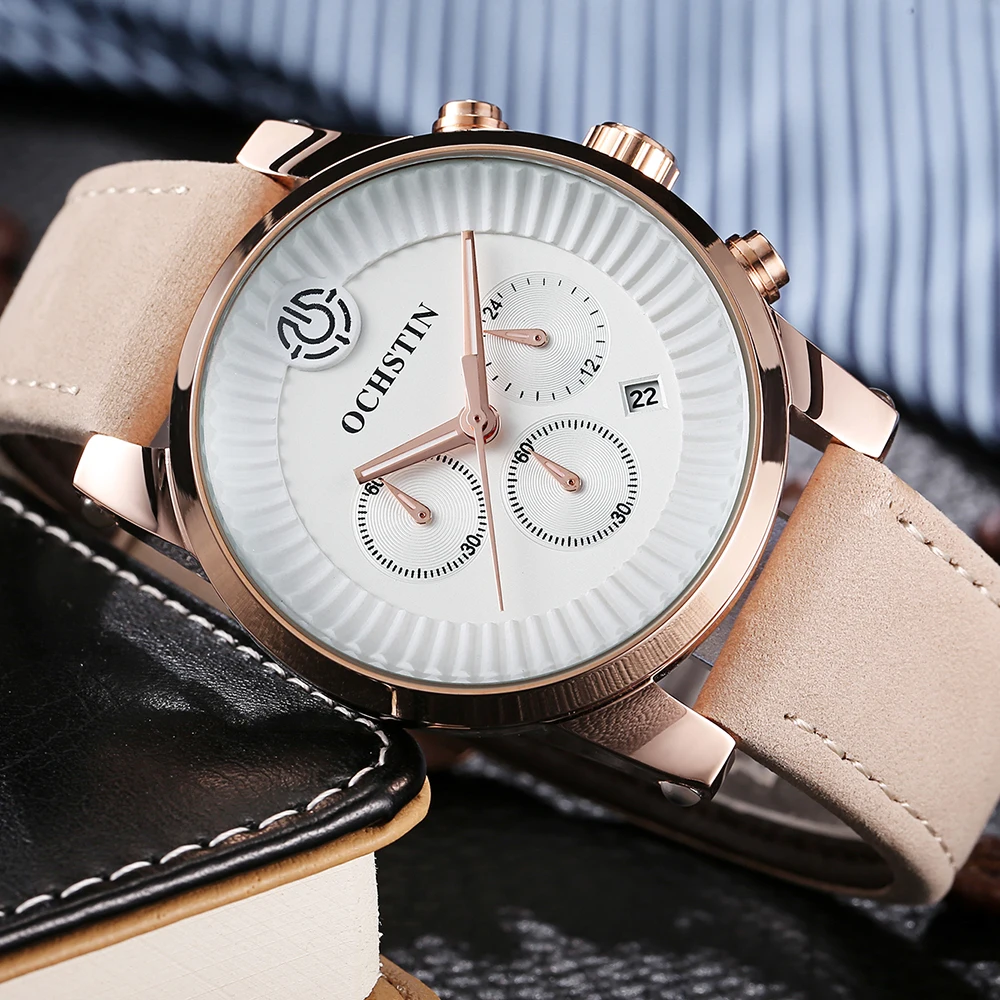 

OCHSTIN GQ067C Luminous Mens Watches Quartz Analog Watch Men Genuine Leather Sport Watch Waterproof Man Casual Wristwatch + Box