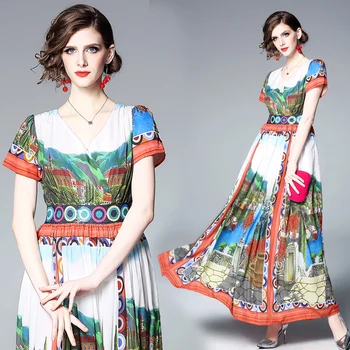 

women woman Designer dress clothes 2019 summer ladies V-neck high waist runway slim Casual party Skater A-Line long maxi dresses