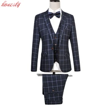 Куртки+ брюки+ жилет) мужской костюм в клетку брендовый деловой модный костюм больших размеров для свадебной вечеринки Мужской Блейзер SL-E520