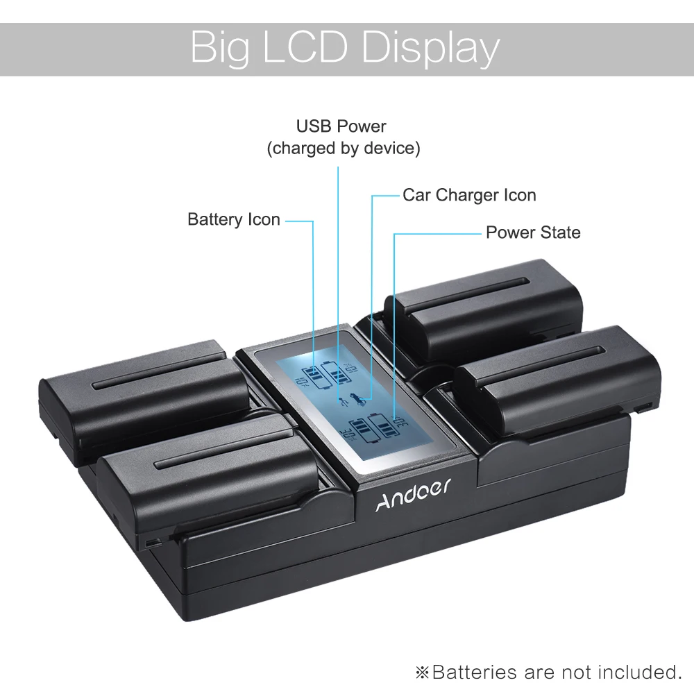 

Andoer NP-F970 4-Channel Digital Camera Battery Charger w/ LCD Display for Sony NP-F550 F750 F950 NP-FM50 FM500H QM71