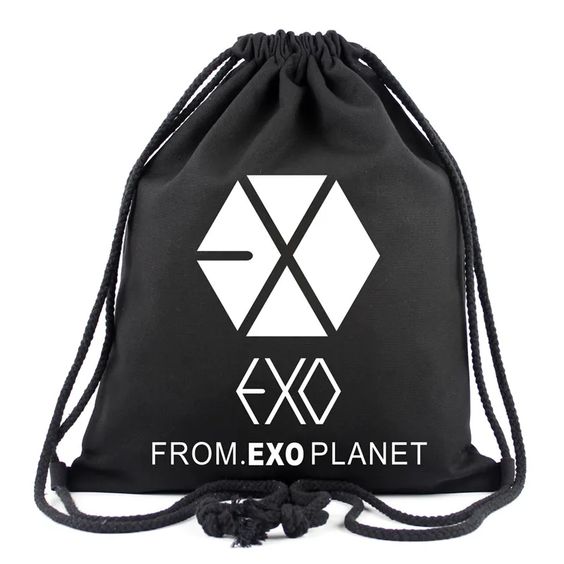 

Korean New Fashion EXO KPOP School Bags For Women Black Canvas Drawstring Bags EXO Travel Bag School Backpacks Children Gifts