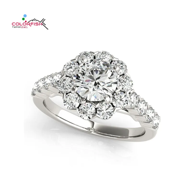 

COLORFISH Halo Style Prongs Set Round Cut 1 ct Center Sona Engagement Ring 100% 925 Sterling Silver Women Jewelry Wedding Ring