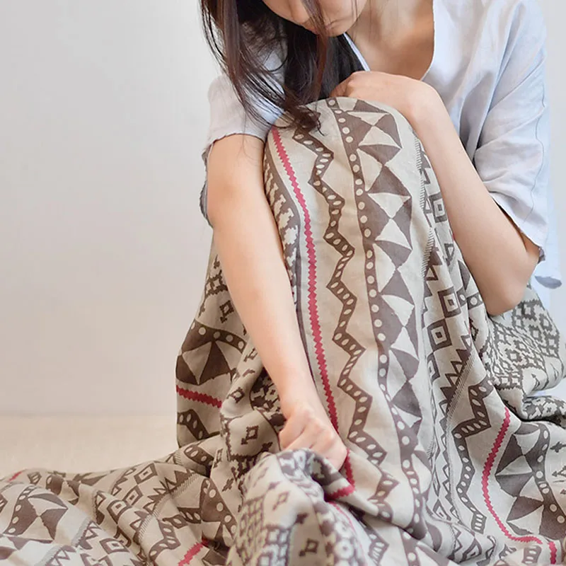 

100% Linen Geometric Pattern Printed Travel Throw 140X200cm Plain Single Blanket Double Decker Flax Casual Blanket