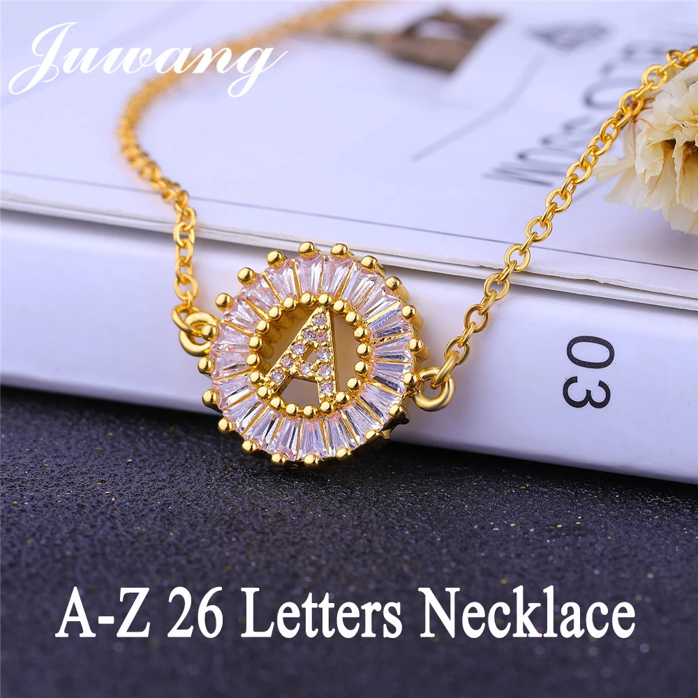 JUWANG A-Z Initial Letter Pendant Charm Cubic Zirconia Necklace for Woman Gold Silver Color Capital Letter Chain Necklace Gift Fashion Jewelry