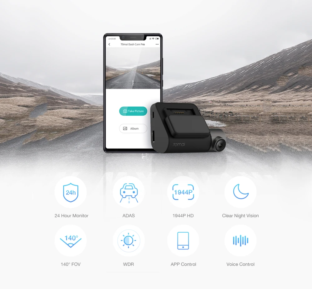 Xiaomi 70mai Dash Cam Pro 1944 P, умный Автомобильный видеорегистратор, камера с голосовым управлением, 140 градусов, FOV, парковочный монитор, Wifi, ночное видение, Автомобильный регистратор
