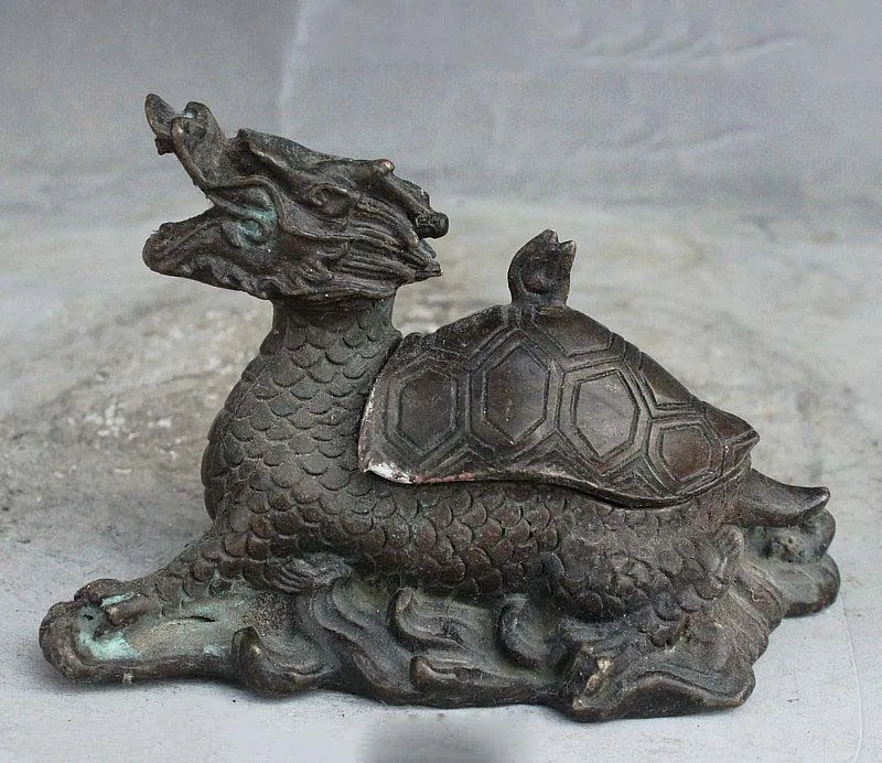 Chinese Bronze longevity Auspicious Dragon Turtle Statue Incense Burner