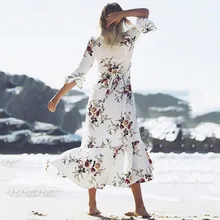 Boho chic Summer style high split women dress 2017 bohemia beach dress full sleeve v-Neck print loose maxi long beach wear dress