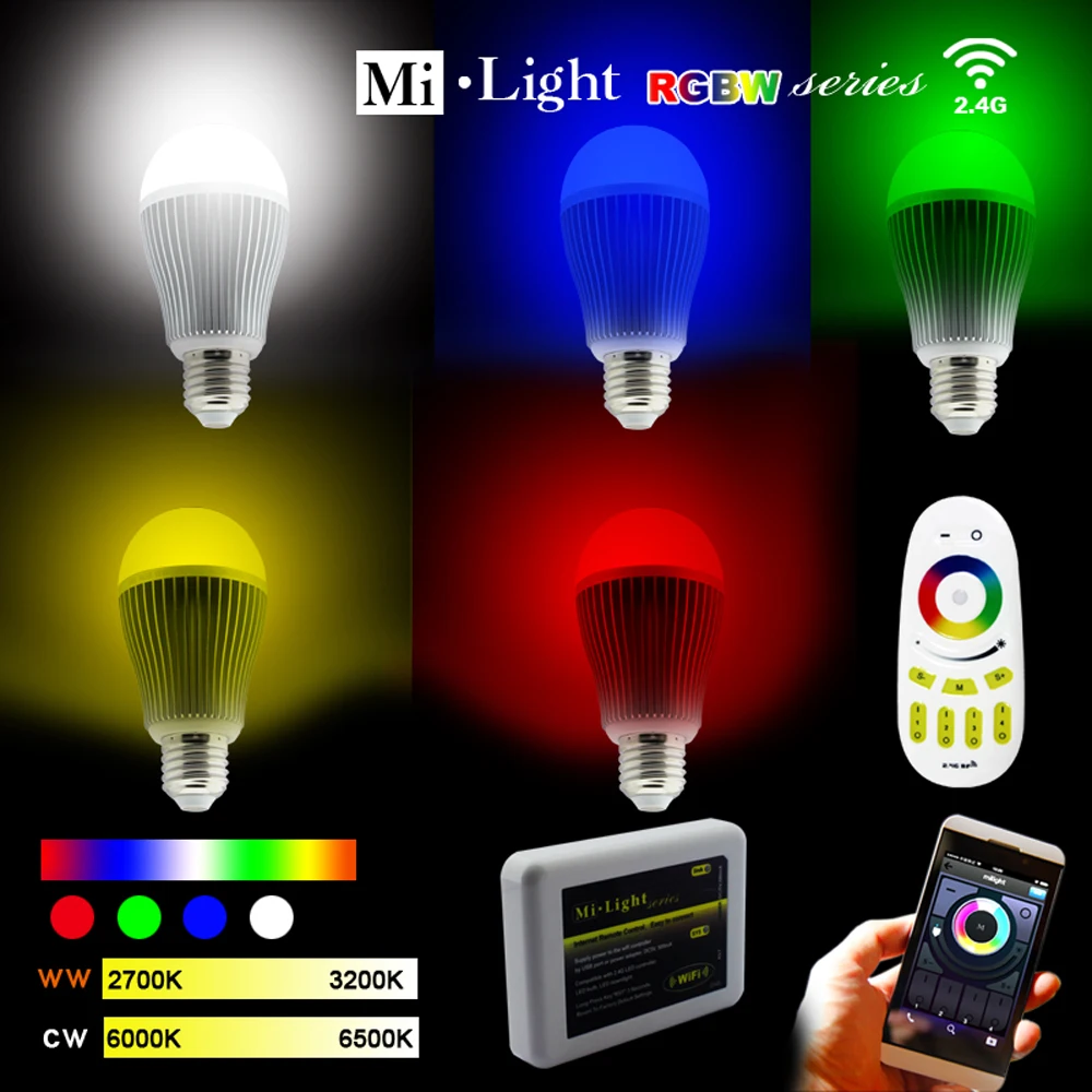 

AC85-265V 2.4G E27 9W Color Temperature Adjustable Dual RGB(CW/WW) CCT LED Bulb+4Zone RF Wireless Touch Remote+WiFi Controller