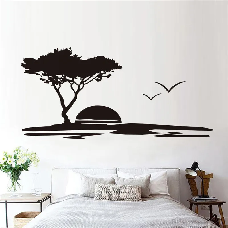 Removable Vinyl Big Tree And Seagulls Nature Wall Stickers Seaside